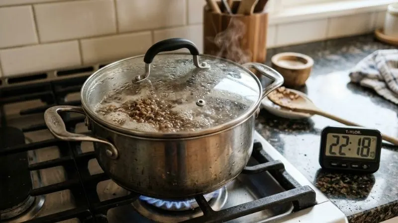 Casserole avec riz basmati complet en cours de cuisson (eau frémissante, vapeur légère), avec un minuteur montrant 20-25 minutes.