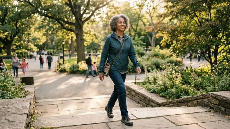 Une personne de 55 ans marchant d’un pas assuré dans un parc, et montant des marches avec aisance.