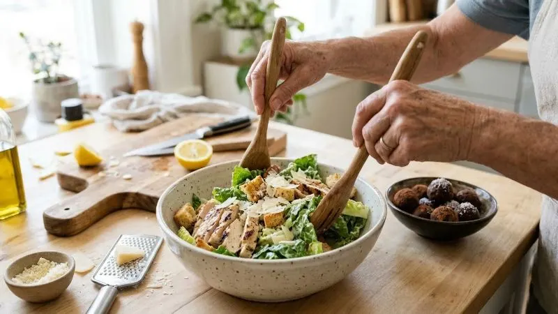 Mains d'une personne de 60 ans préparant une salade César au poulet grillé et au parmesan dans un saladier en céramique,
un bol de fat bombs au chocolat posé à côté.