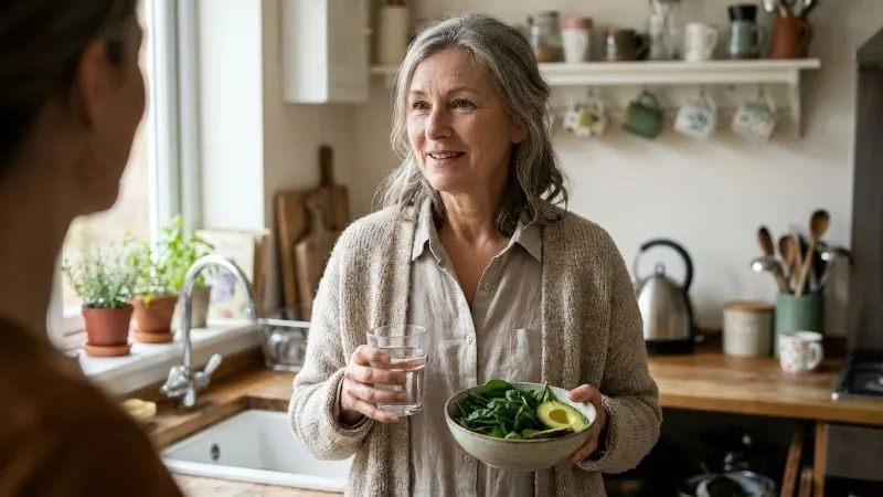 Femme de 56 ans debout dans une cuisine, un verre d'eau dans une main et un bol d'épinards et d'avocat dans l'autre,
expression attentive et rassurée.