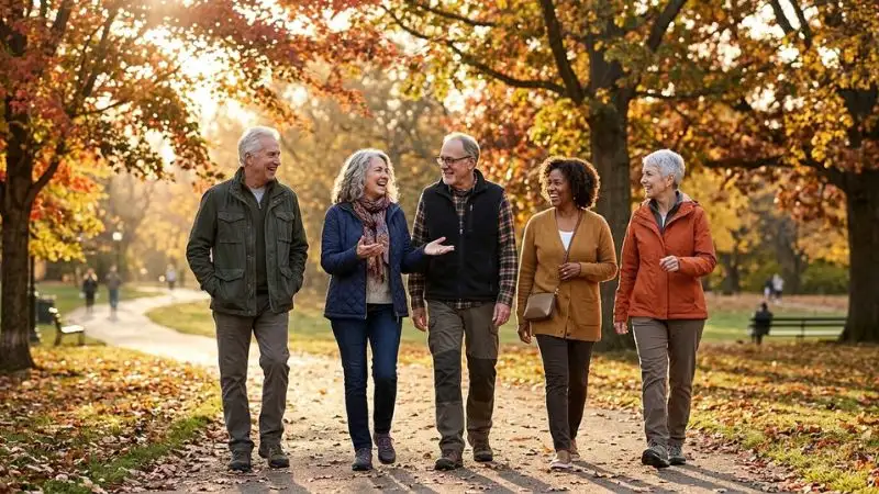 Groupe de cinq personnes de 50 à 70 ans marchant ensemble sur un chemin de parc en automne, conversation
souriante et gestes détendus, tenue de marche confortable