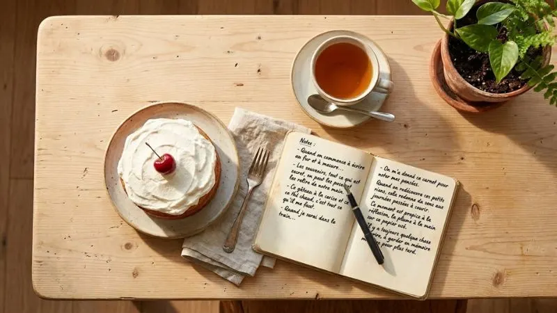 Table en bois clair vue de dessus, avec un gâteau entier surmonté d'une cerise, un carnet ouvert, un stylo, une tasse de thé et un
petit pot de plante.
