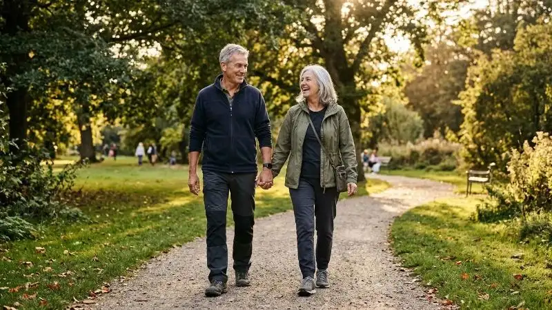 Couple de 62 ans souriant, marchant côte à côte dans un parc ensoleillé, tenue de marche décontractée.
