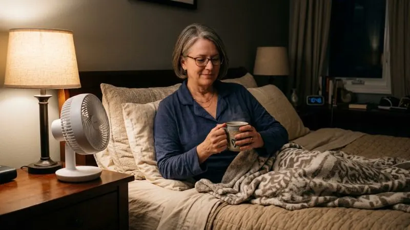 Femme de 55 ans assise sur son lit en fin de soirée, une tasse de tisane entre les mains, ventilateur silencieux posé sur
la table de chevet.
