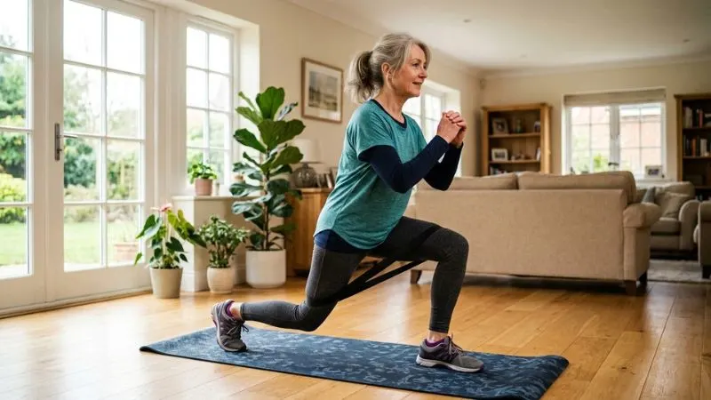 Femme de 58 ans dans un salon lumineux, en position de fente avec un élastique de résistance autour des cuisses, tenue de sport confortable.