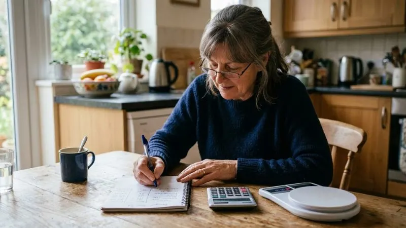 Femme de 57 ans assise à une table de cuisine, un carnet ouvert devant elle, un stylo à la main et une calculatrice posée à côté d'une balance de cuisine.