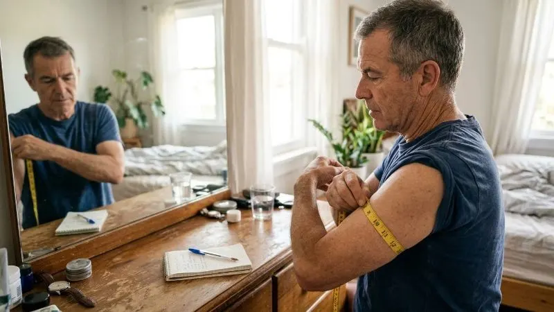 Homme de 61 ans tenant un mètre ruban autour de son bras, devant un miroir dans une chambre, un carnet de notes posé sur une commode à côté.