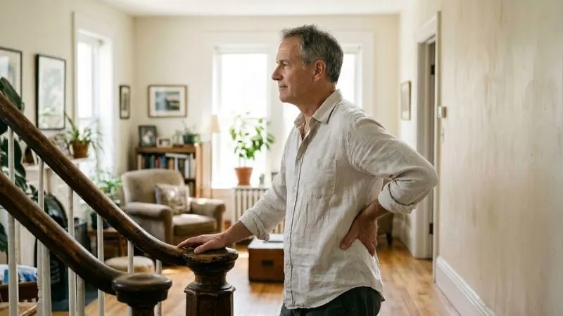 Homme de 60 ans de profil, debout dans un salon lumineux, une main posée sur le bas du dos et l'autre sur la rampe d'un escalier, expression calme.