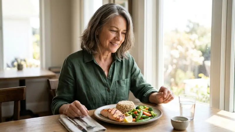 Femme de 55 ans attablée près d'une fenêtre à l'heure du déjeuner, devant une assiette composée de saumon grillé,
de riz complet et de légumes vapeur