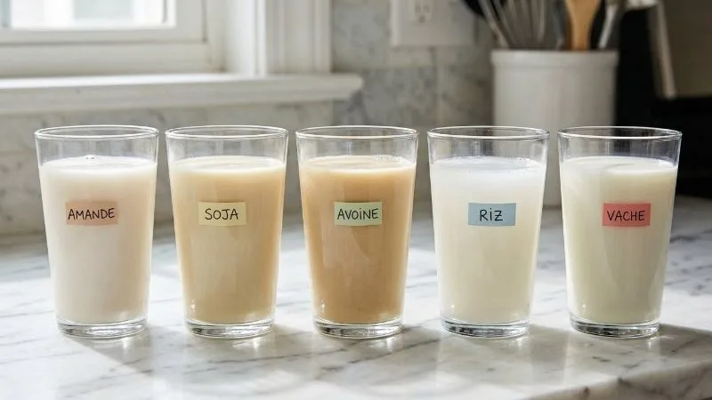 Cinq verres alignés sur un plan de travail, contenant du lait d'amande, de soja, d'avoine, de riz et de lait de vache.