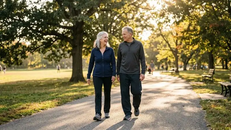 Couple de 62 ans souriant, marchant côte à côte dans un parc, tenue de sport décontractée, lumière dorée de fin de journée.