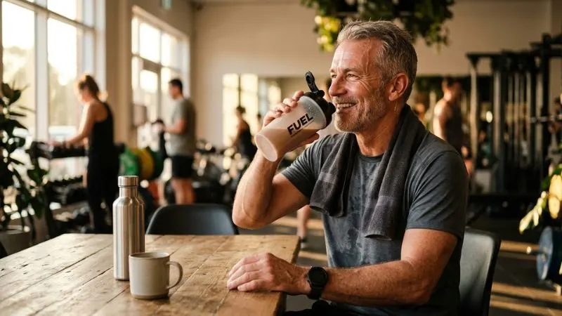 Homme de 55 ans souriant, assis à table après un entraînement, buvant son shaker de protéines, serviette autour du cou.