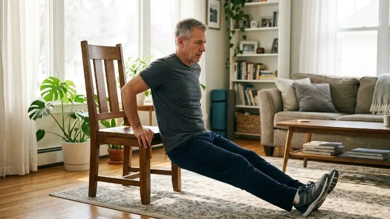 Homme de 60 ans réalisant des dips sur une chaise stable dans un salon lumineux, mains posées sur l'assise, coudes le long
du corps