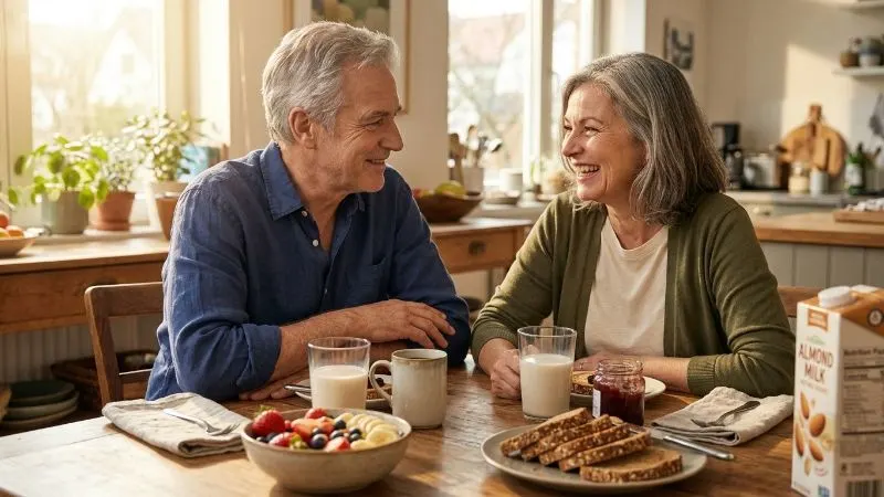 Couple de 62 ans souriant, assis à une table de petit-déjeuner avec deux verres de lait d'amande, un bol de fruits et des tartines de pain complet.