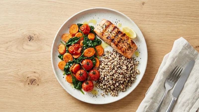 Assiette vue de dessus sur une table, divisée en trois parties : une moitié de légumes colorés, un quart de saumon grillé et un quart de quinoa, avec un filet d'huile d'olive.