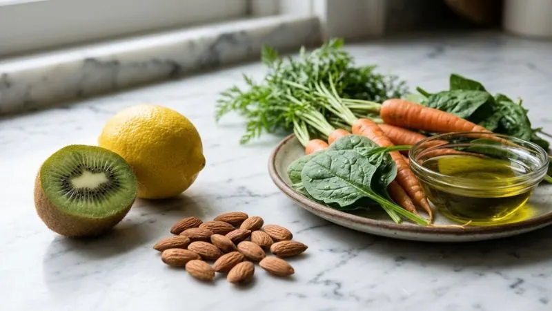 Un plan de travail en marbre, avec un kiwi coupé en deux, un citron, une poignée d'amandes, une assiette de carottes et d'épinards frais et une petite coupelle d'huile d'olive.