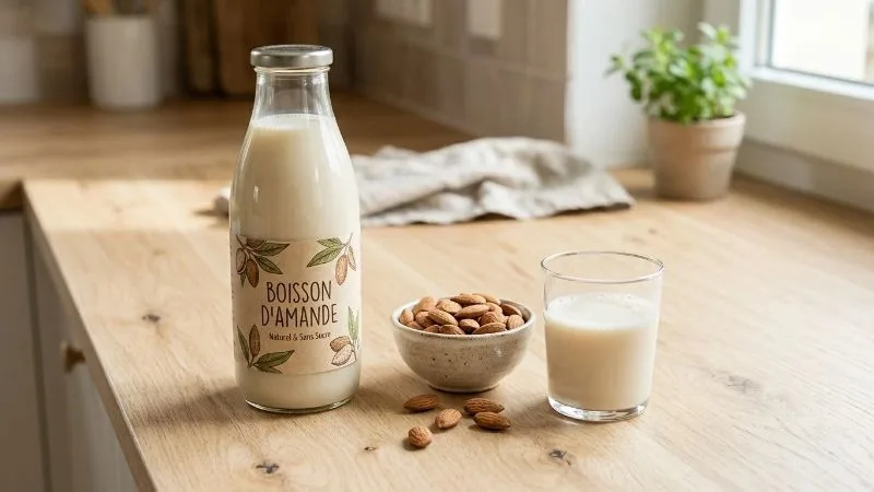 Bouteille de boisson d'amande posée sur un plan de travail en bois clair, étiquette visible, à côté d'un bol d'amandes crues
et d'un verre de boisson.