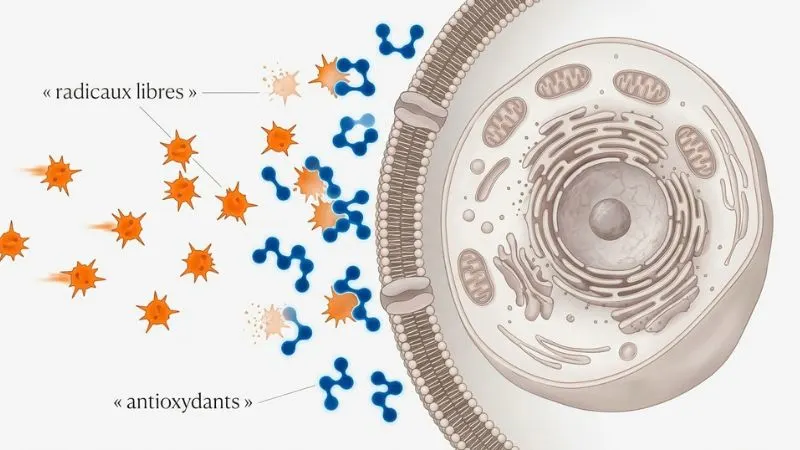 Illustration d'une cellule humaine, avec des molécules représentant les radicaux libres qui attaquent
la membrane et des molécules bleues représentant les antioxydants qui les neutralisent.
