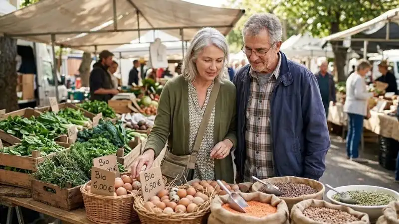 Couple de 60 ans debout côte à côte devant un étal de marché, examinant des légumes verts,
des œufs et des lentilles en vrac.