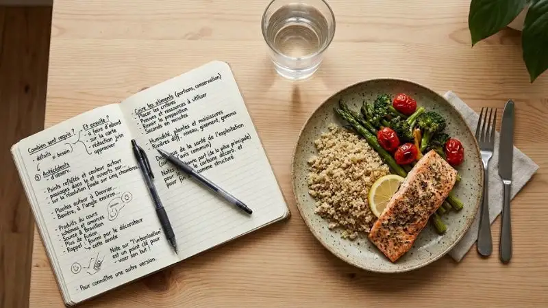 Table en bois clair vue de dessus, avec un carnet ouvert couvert de notes manuscrites, une assiette équilibrée, un verre d'eau et un stylo posé en travers