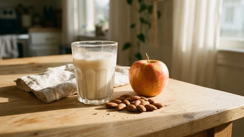 Verre de lait d'amande à côté d'une petite poignée d'amandes naturelles et d'un fruit, sur une table en bois clair.
