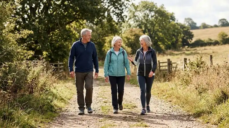 Trois personnes de cinquante-cinq ans marchant d'un pas vif sur un chemin de campagne, vêtues de
tenues de sport décontractées, en pleine conversation et souriantes.