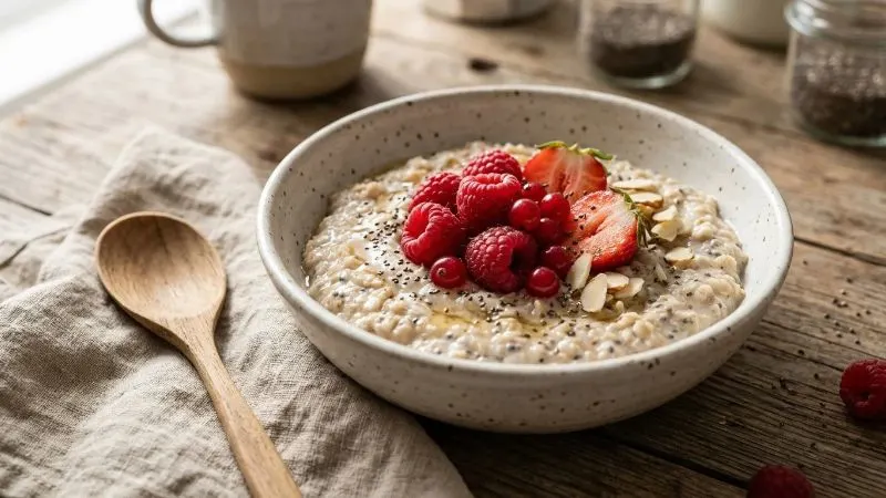Bol de porridge préparé avec du lait d'amande, des graines de chia et des fruits rouges, posé sur une table de cuisine avec une cuillère en bois.