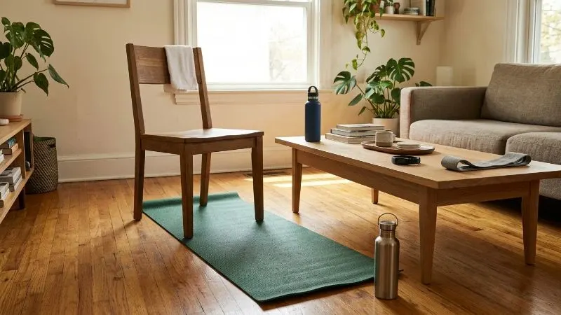 Table de salon avec un tapis de yoga déroulé, deux bouteilles d'eau, un élastique de fitness et une chaise stable.