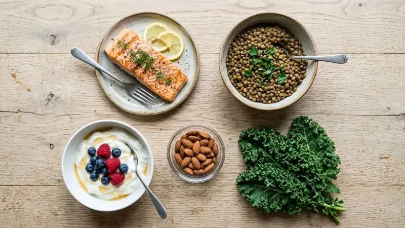 Table en bois vue de dessus, avec cinq groupes d'aliments : un filet de saumon, un bol de lentilles, un pot de skyr, une poignée d'amandes et un bouquet de chou kale