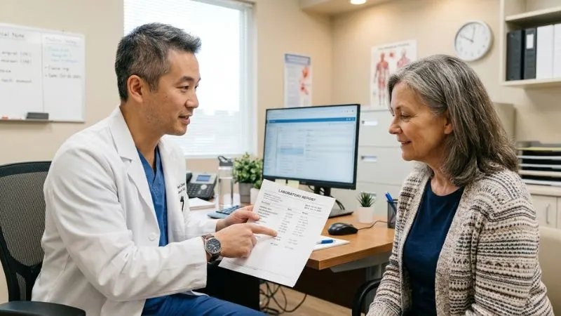 Médecin d'une quarantaine d'années montrant un résultat d'analyse sanguine sur une feuille à un patiente de 55 ans assise face à lui