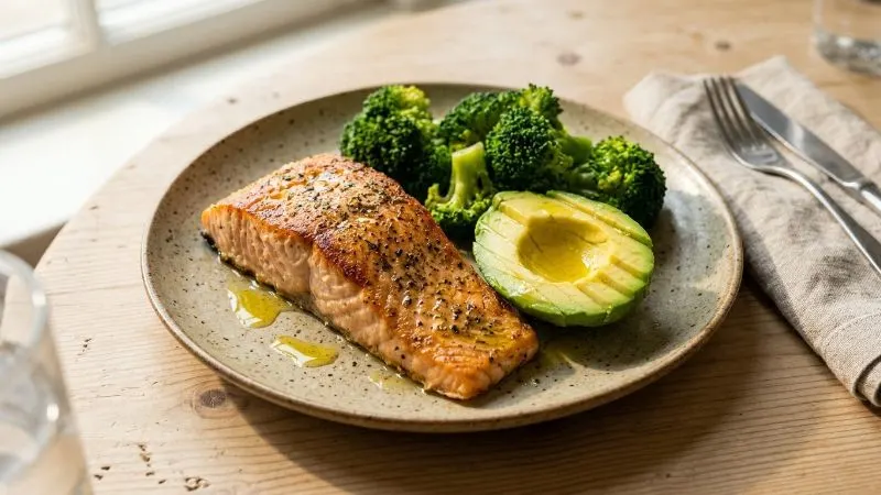Assiette composée d'un pavé de saumon rôti, d'un demi-avocat, de brocolis vapeur et d'un filet d'huile d'olive, posée sur une table
en bois clair.