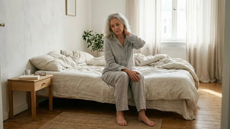 Femme de 60 ans assise au bord de son lit à la lumière du petit matin, une main posée sur la nuque, expression fatiguée
mais calme.