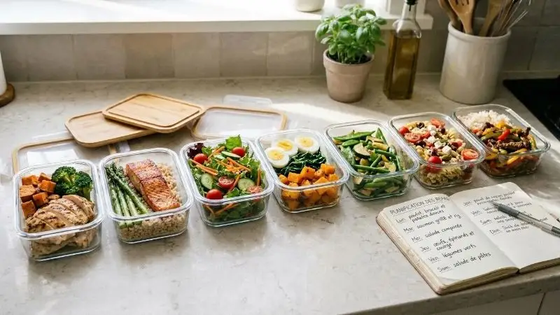 Plan de travail de cuisine avec sept boîtes de conservation en verre alignées, contenant chacune un repas différent, un carnet de menu ouvert à côté.