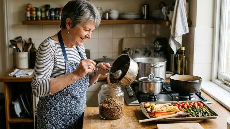 Femme de 59 ans en cuisine, versant des lentilles cuites dans une grande boîte en verre, avec trois casseroles sur la
plaque et une plaque de légumes rôtis sur le plan de travail