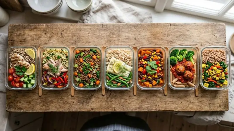 Planche en bois vue de dessus, avec sept boîtes en verre alignées contenant chacune un repas différent (poulet et quinoa,
maquereau et boulgour, lentilles et carottes, cabillaud et riz complet)