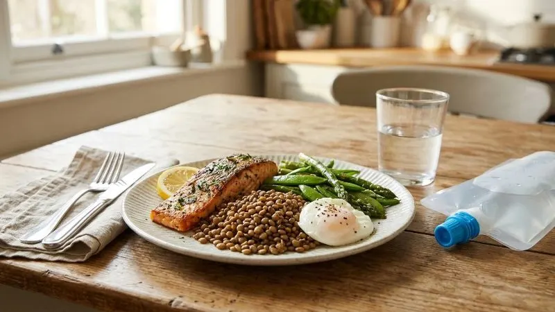 Table de cuisine avec une assiette composée d'un œuf, de saumon, de lentilles et de légumes verts, accompagnée d'une gourde d'eau et d'un verre.