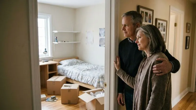 Couple de 55 ans debout dans l'entrée d'une maison devant une chambre d'enfant désormais vide, lit fait et cartons de
déménagement au sol.