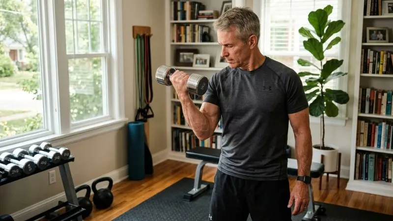 Homme 55 ans soulevant un haltère léger dans un salon aménagé en coin fitness, muscles du bras visiblement
contractés.