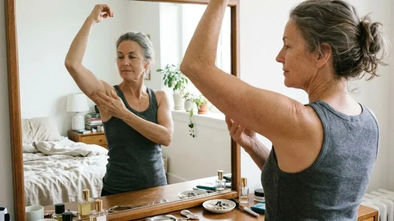 Femme de 56 ans debout devant un miroir dans une chambre, vêtue d'un débardeur, une main levée et l'autre
touchant l'arrière du bras.