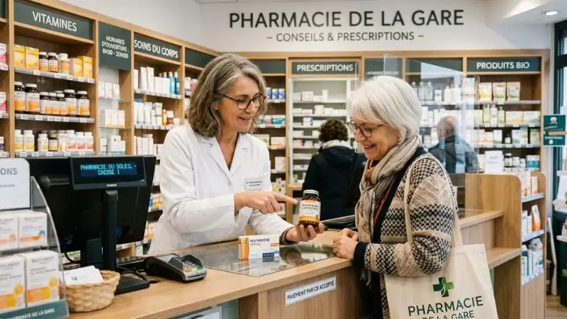 Pharmacien conseillant une cliente de 60 ans au comptoir, tenant une boîte de médicaments dans une main et désignant l'étiquette d'un pot de complément de l'autre.