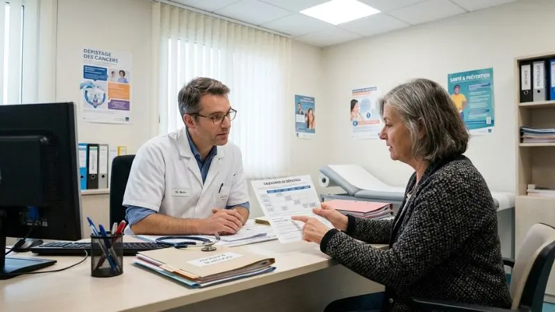 Médecin assis à son bureau face à une patiente de soixante ans, tenant un calendrier de dépistage imprimé et le lui diffusé.