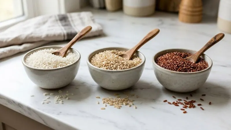 Trois bols alignés sur un plan de travail en marbre blanc, contenant du riz blanc, du riz complet et du riz rouge cru, chacun avec une
petite cuillère en bois.