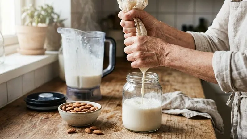 Mains d'une personne de 60 ans pressant un sac à lait végétal au-dessus d'un bocal en verre, amandes trempées et mixeur
posés à côté.