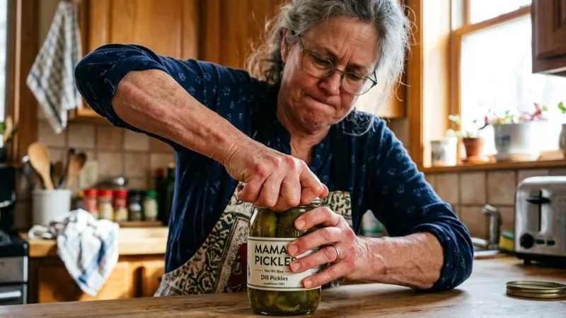 Femme de 60 ans dans sa cuisine, essayant d'ouvrir un bocal en verre avec effort visible sur les mains et les avant-bras, expression légèrement tendue