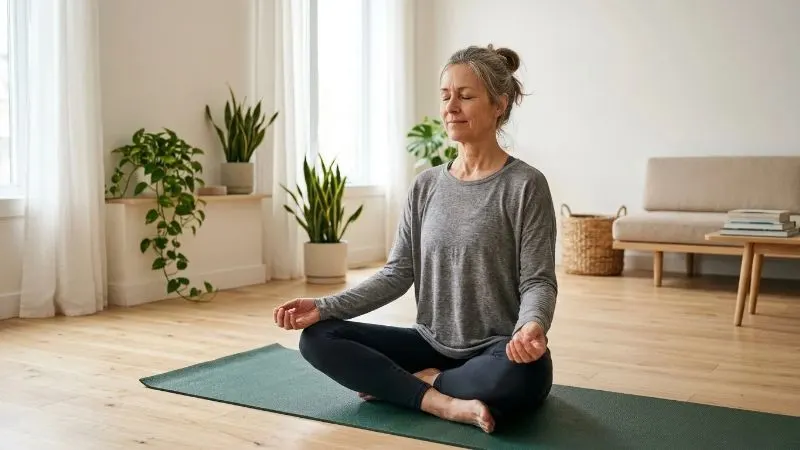 Femme de 57 ans assise en tailleur sur un tapis de yoga, mains posées sur les genoux, yeux fermés, respiration calme.