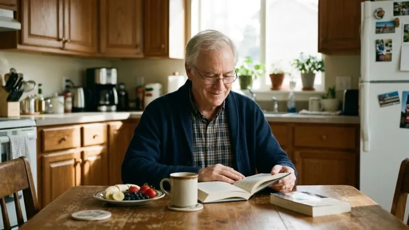 Homme de 62 ans seul à une table de cuisine, souriant en lisant un livre, une tasse de café et une assiette de fruits
devant lui.