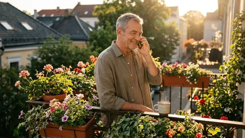 Homme de 60 ans debout sur un balcon fleuri, souriant en tenant son téléphone à l'oreille, tasse de café posée sur la
rambarde.