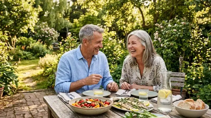 Couple de soixante-deux ans assis à une table dans un jardin ensoleillé, partageant un repas composé d'un saladier de légumes colorés, de poisson grillé et d'une carafe d'eau citronnée.