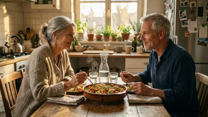 Couple de 63 ans assis à une table dans une cuisine chaleureuse, partageant un plat de riz aux légumes et au poulet, sourires détendus