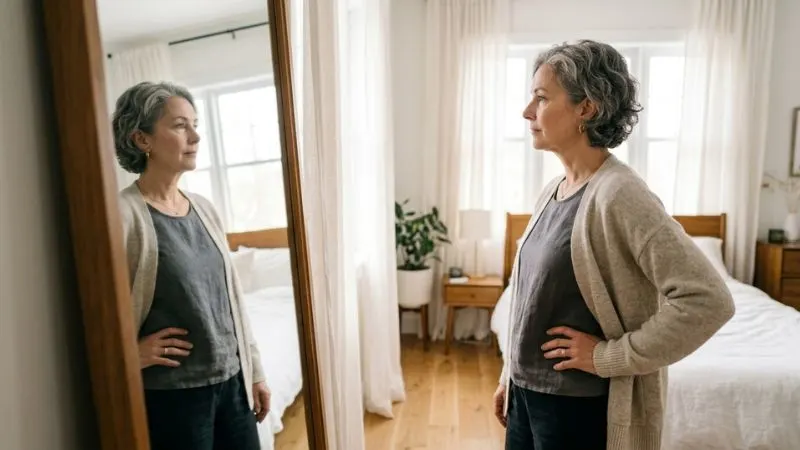 Femme de 56 ans de profil devant un miroir en pied, une main posée sur la taille, expression pensive et calme.